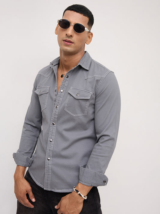 Slate Grey Contrast Stitch Twin Pocket Overshirt