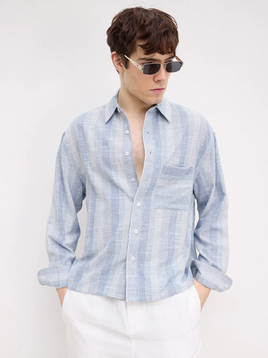 Blue Rhythmic Weave Striped Boxy Fit Crop Shirt