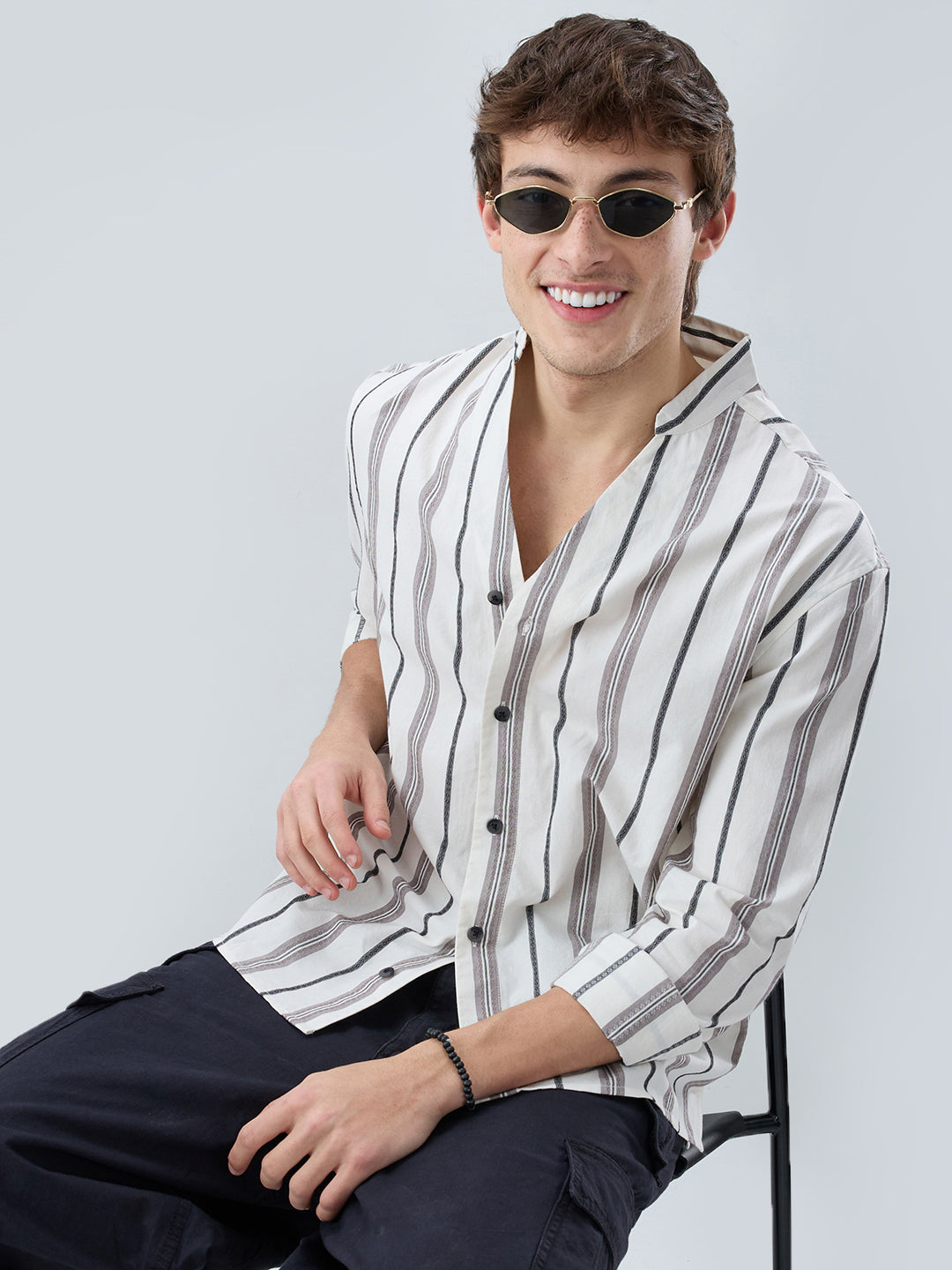 White Intricate Motif Contrast Striped Stand Collar Oversized Shirt