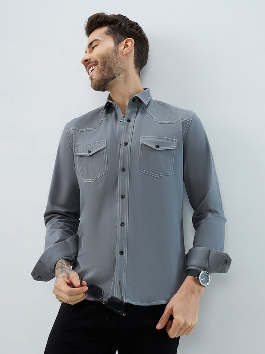 Metallic Grey Contrast Stitch Double Pocket Overshirt
