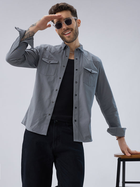 Solid Slate Grey Double Pocket Overshirt