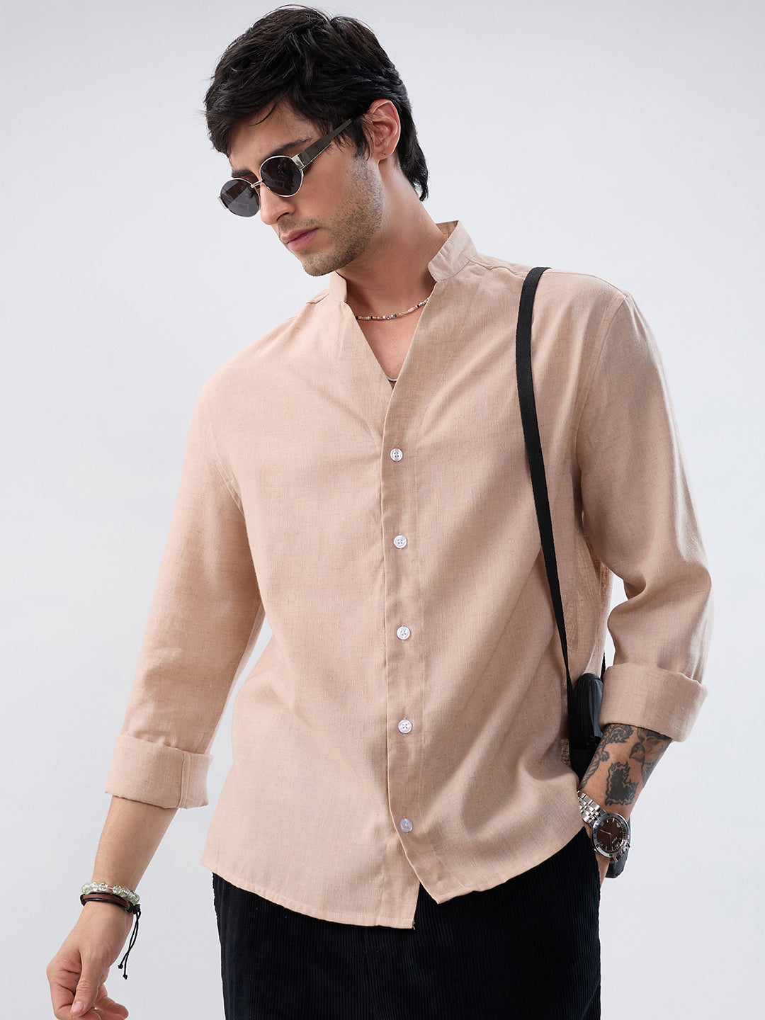 Premium Tan Beige Linen Blend Stand-Collar Oversized Shirt