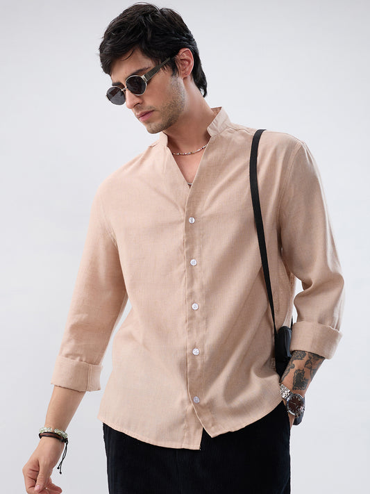 Premium Tan Beige Linen Blend Stand-Collar Oversized Shirt