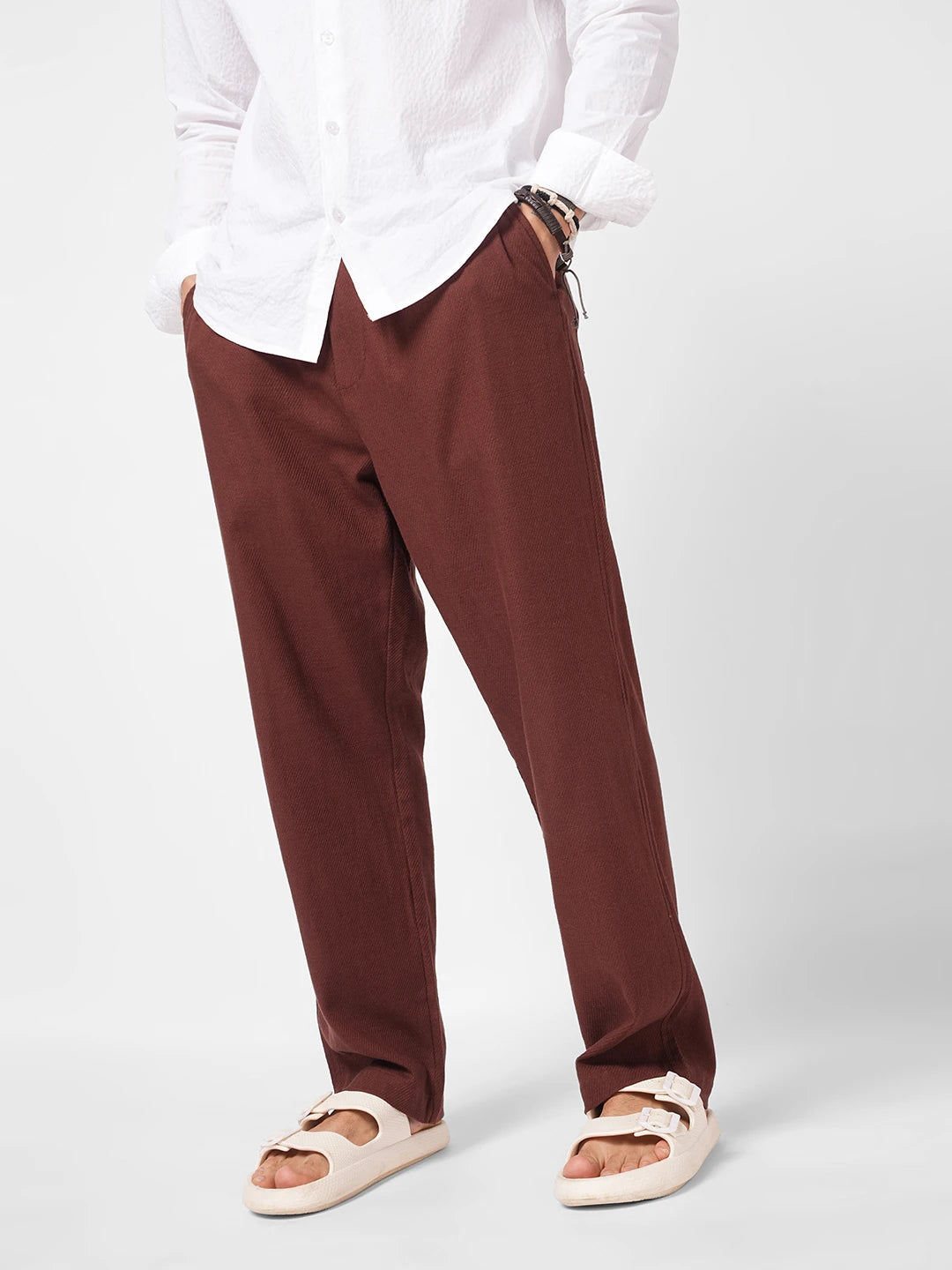 Brown Diagonal Twill Textured Tapered Trousers