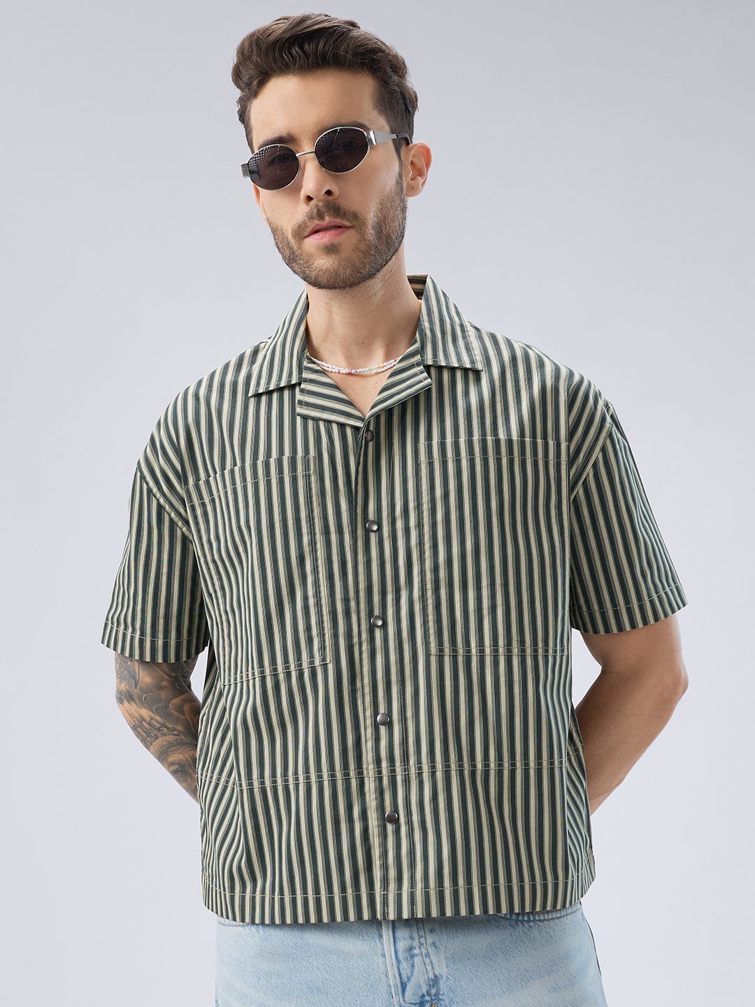 Olive Striped Twin Pocket Oversized Crop Shirt