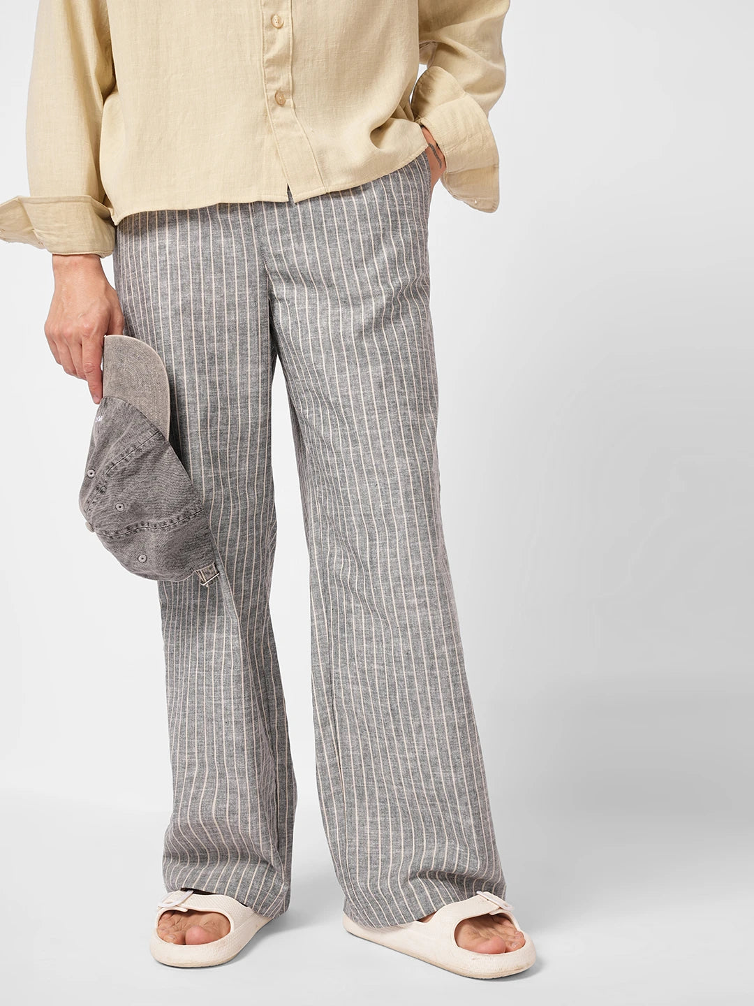 Cool Grey Core Striped Wide Leg Trousers