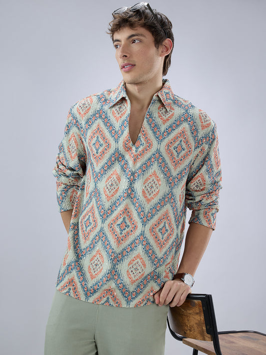 Jashn Aura Blue Sequin Embroidered Polo Neck Oversized Shirt