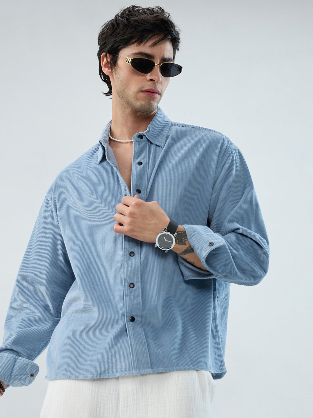 Soft Sky Frost Corduroy Boxy Fit Crop Shirt