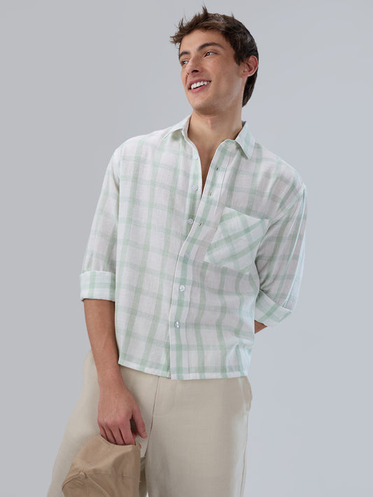Minted Sage Green Box Checks Boxy Fit Crop Shirt