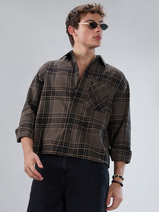 Black & Peanut Brown Plaid Checks Boxy Fit Crop Shirt