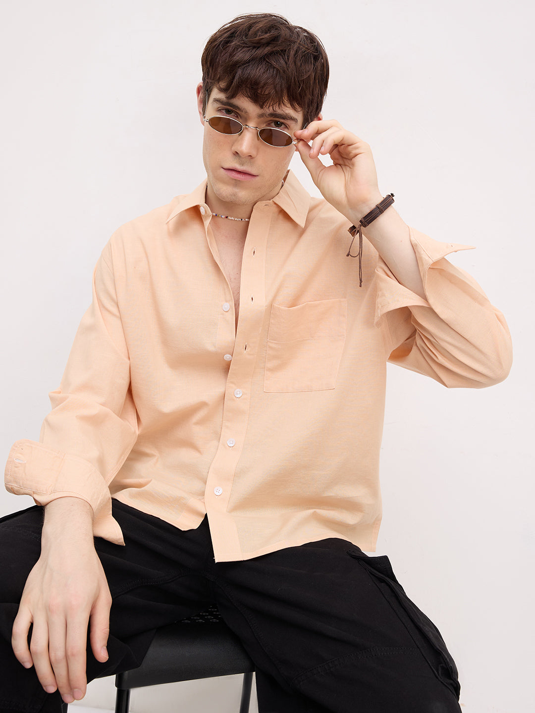 Soft Blush Peach Fine Textured Boxy Fit Crop Shirt
