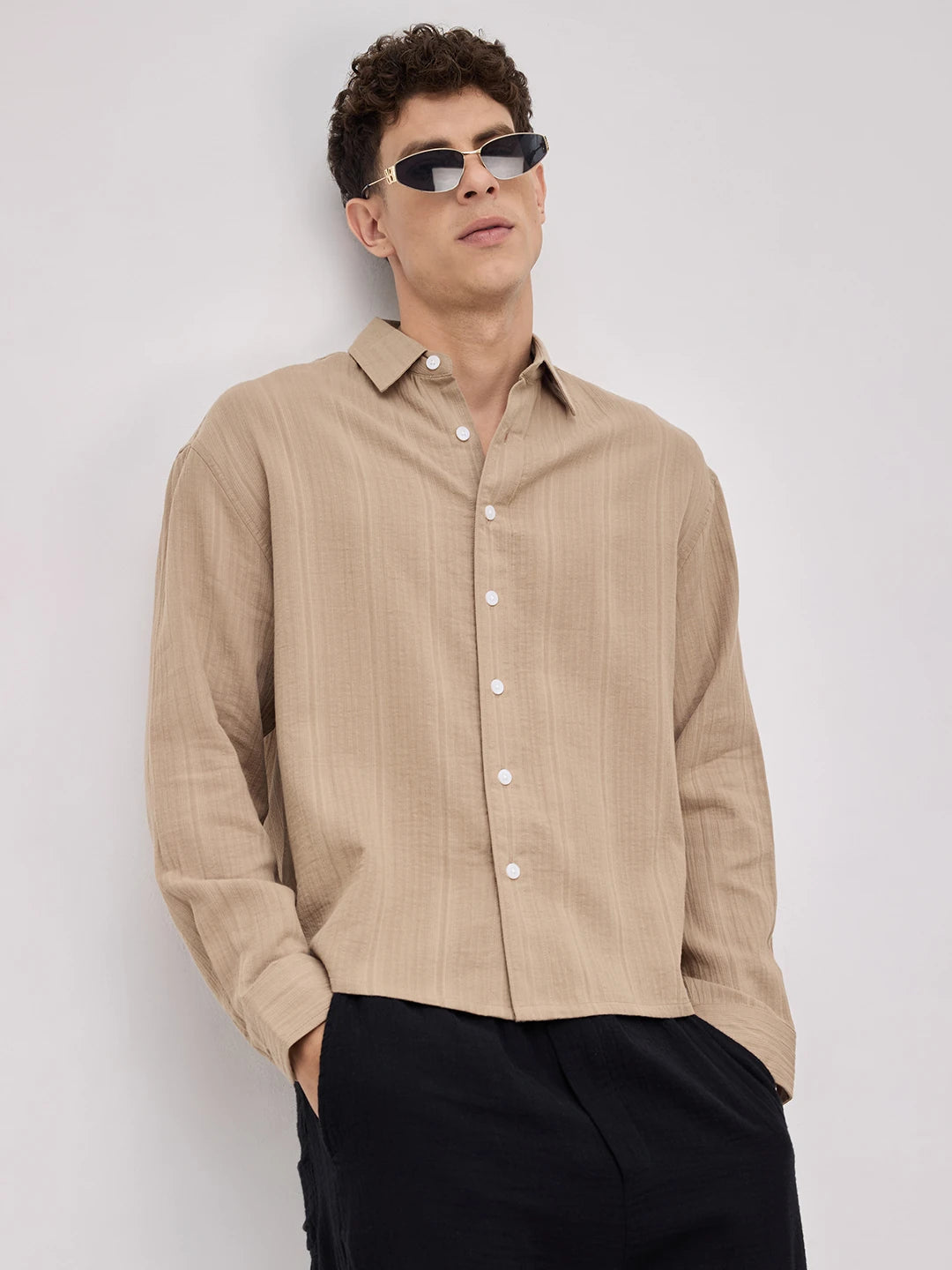 Warm Tan Double Cloth Seersucker Striped Boxy Fit Crop Shirt