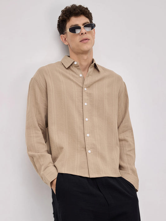 Warm Tan Double Cloth Seersucker Striped Boxy Fit Crop Shirt