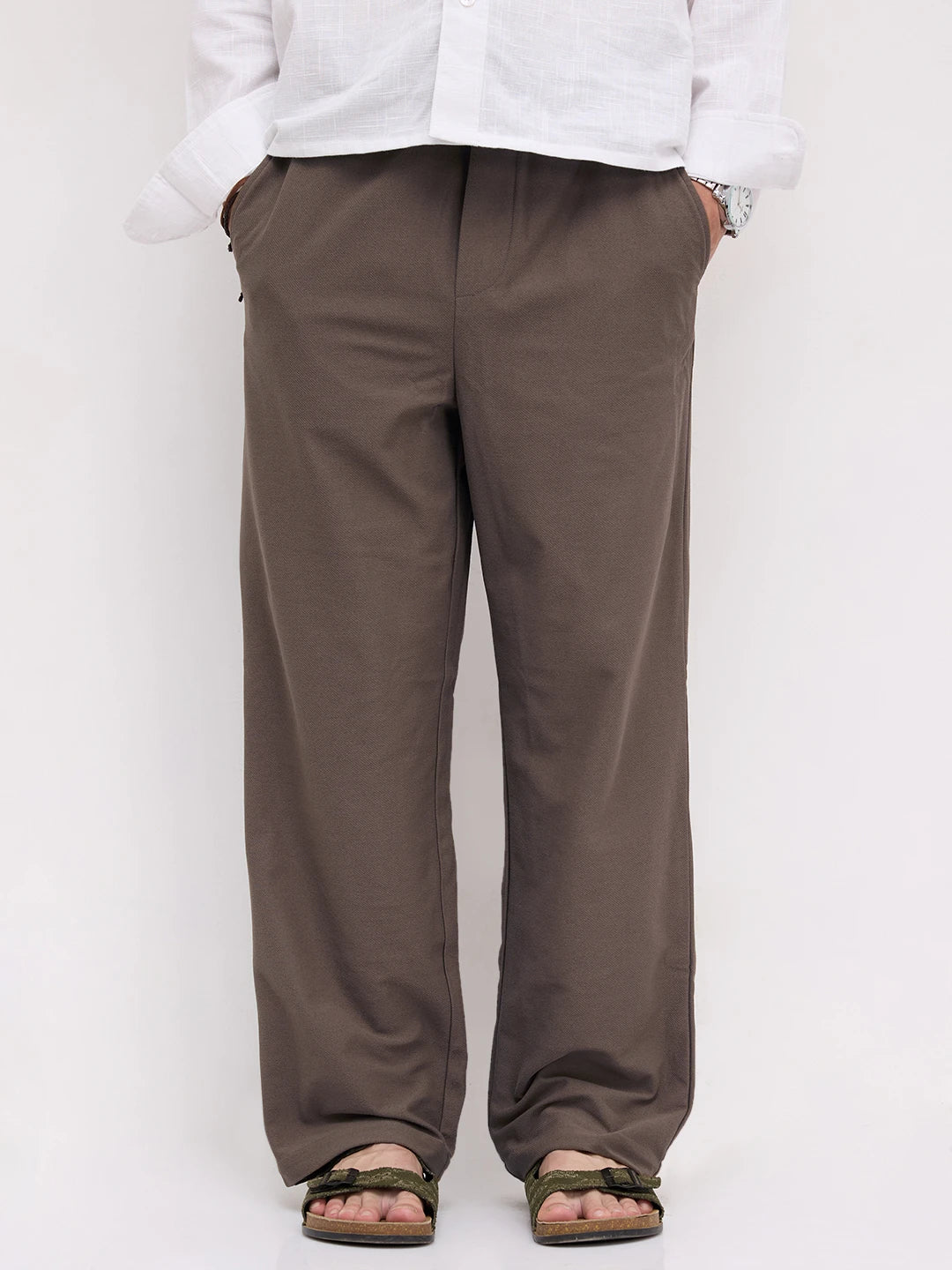 Espresso Brown Diagonal Textured Knitted Straight Fit Trousers