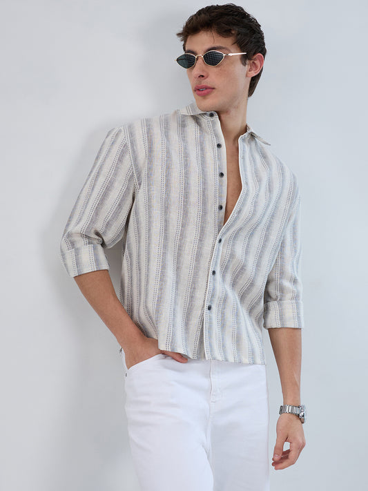 White & Grey Striped Precision-Weave Shirt
