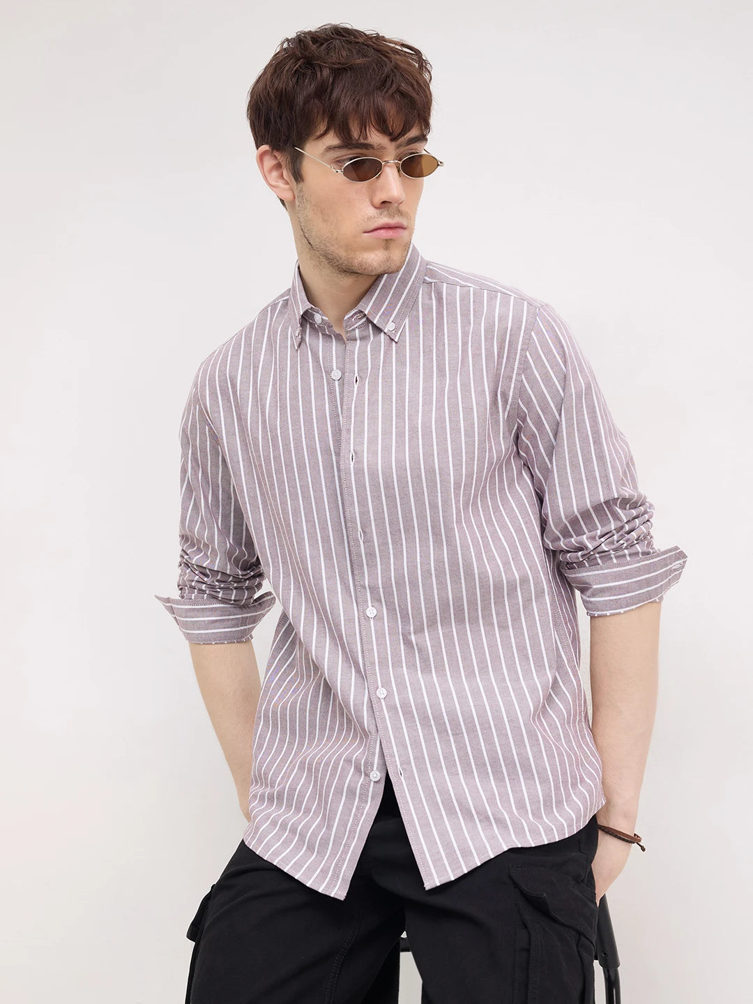 Brick Brown Candy Striped Oxford Button-Down Collar Shirt