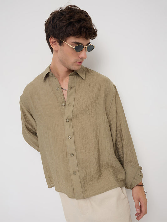 Olive Sheer Crinkled Boxy Fit Crop Shirt