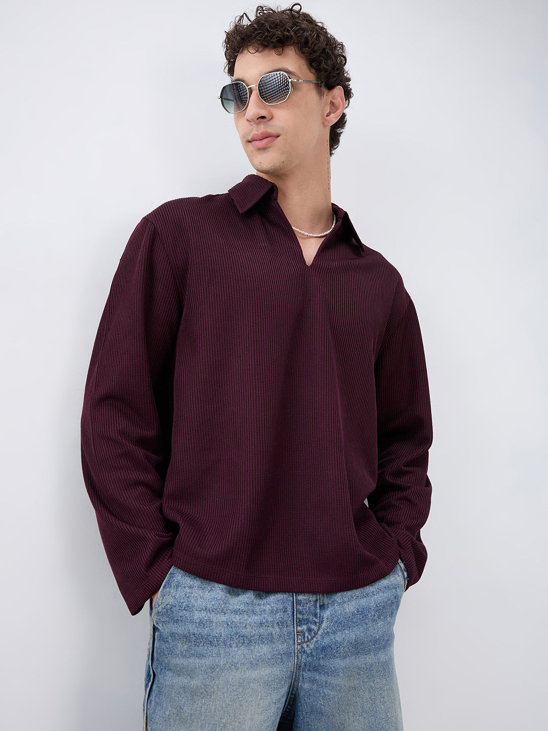 Refined Wine Textured Knitted Oversized Polo Shirt