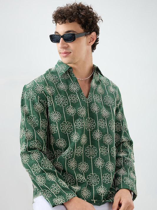 Green Floral Embroidered Oversized Polo Neck Shirt