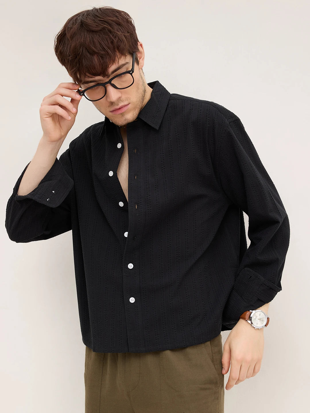 Elegant Black Seersucker Striped Boxy Fit Crop Shirt