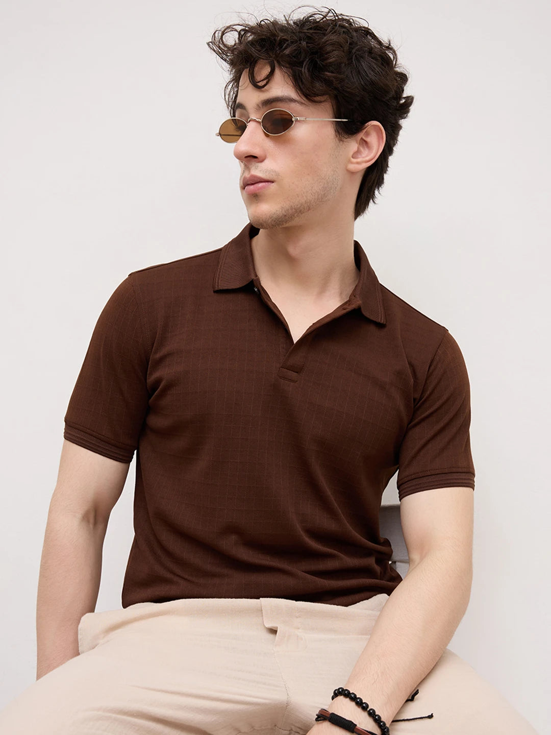 Brunette Brown Checks Weave Polo Tee