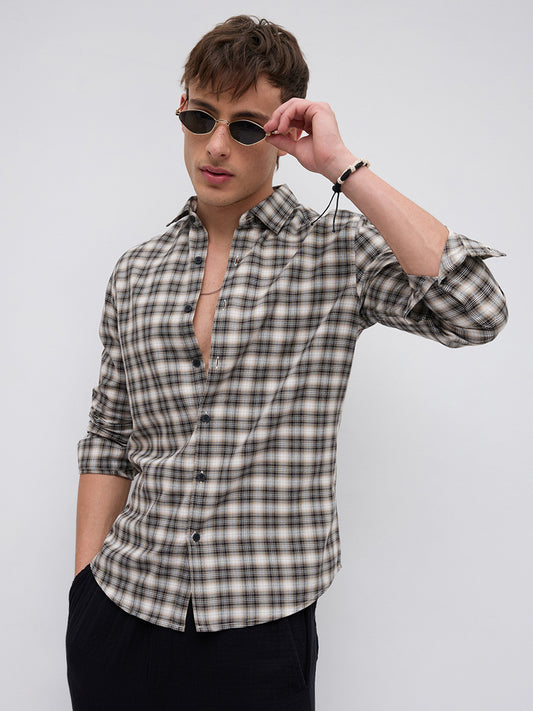 Beige & Black Interlock Plaid Checks Textured Shirt