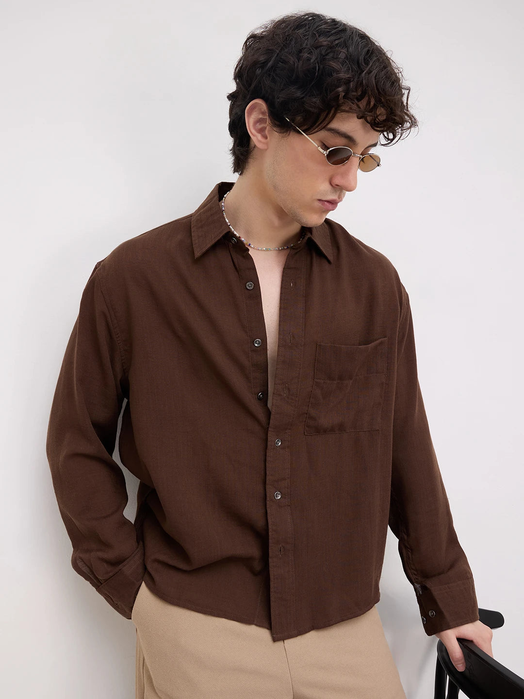 Classic Coffee Brown Boxy Fit Crop Shirt