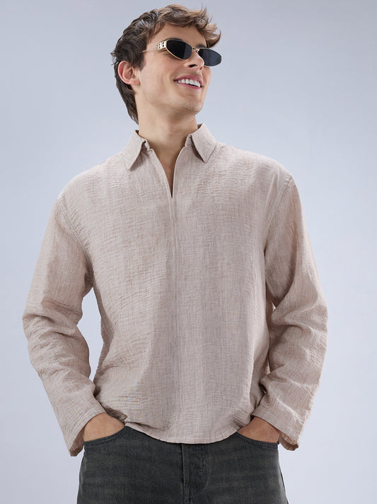 Tan Beige Crinkled Center Seam Oversized Polo Shirt