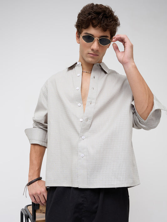 Misty Grey Fine Grid Weave Boxy Fit Crop Shirt