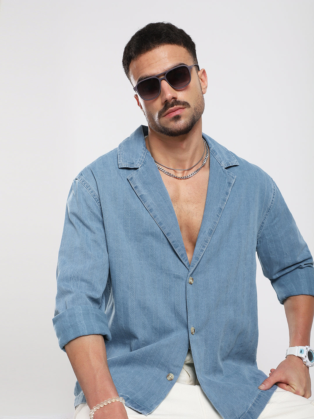 Denim Breeze Horizon Textured Notched Lapel Collar Oversized Shirt