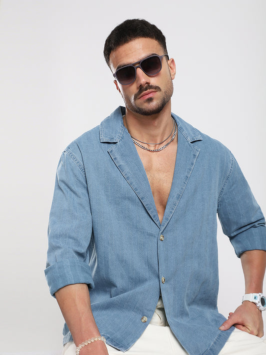 Denim Breeze Horizon Textured Notched Lapel Collar Oversized Shirt