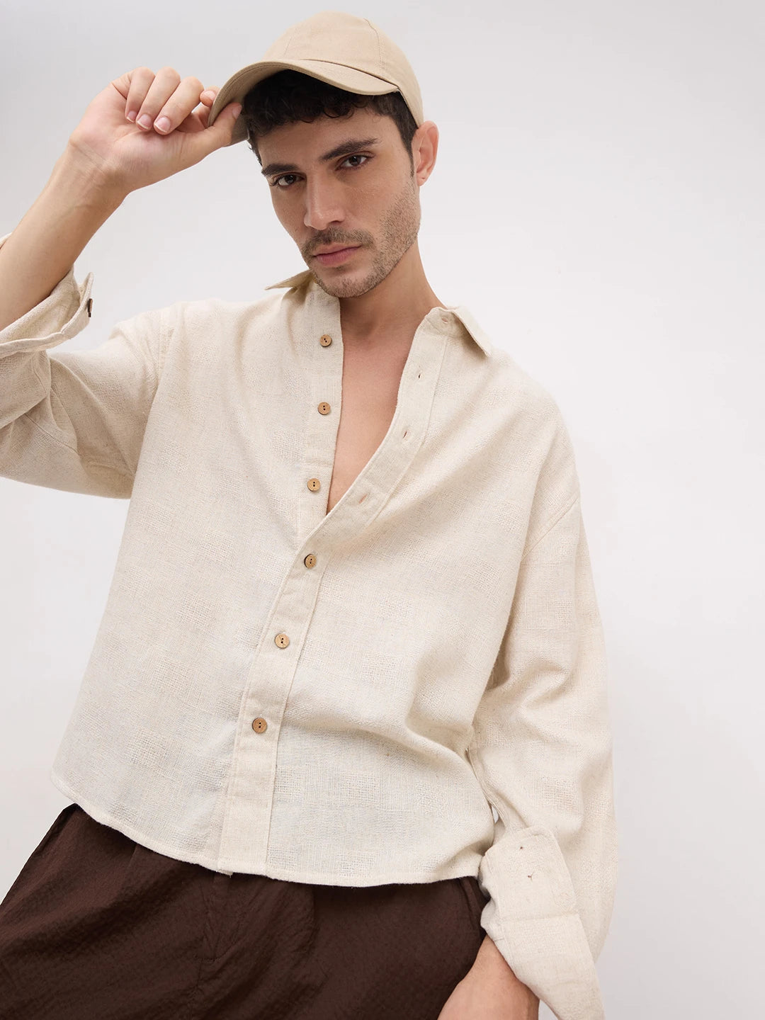 Sunbaked Canvas Loom Textured Boxy Fit Crop Shirt