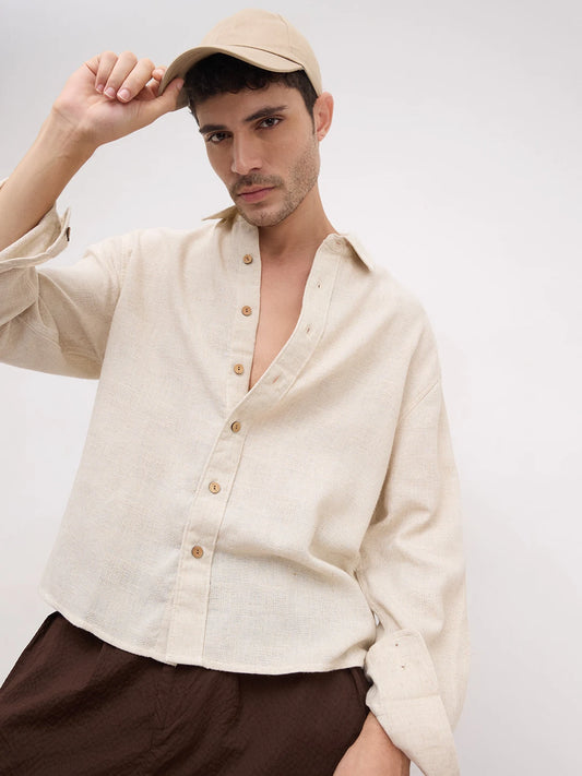 Sunbaked Canvas Loom Textured Boxy Fit Crop Shirt
