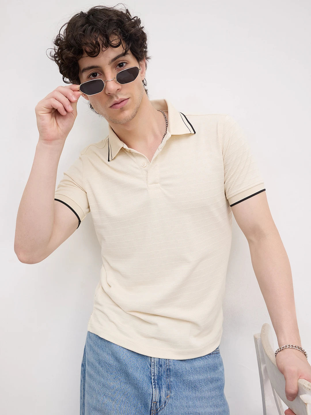Elite Cream Stripe Weave Knitted Tee