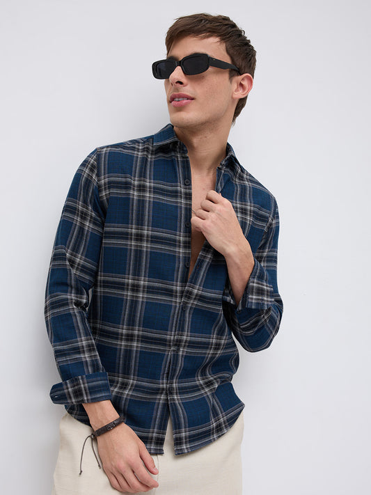 Ocean Blue Contrast Plaid Checks Shirt