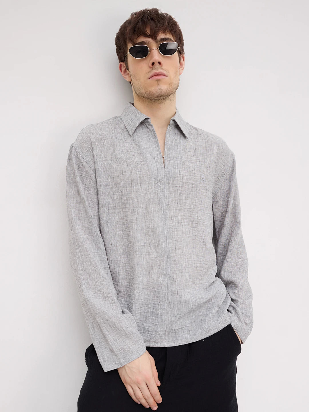 Refined Ash Grey Textured Center Seam Oversized Shirt