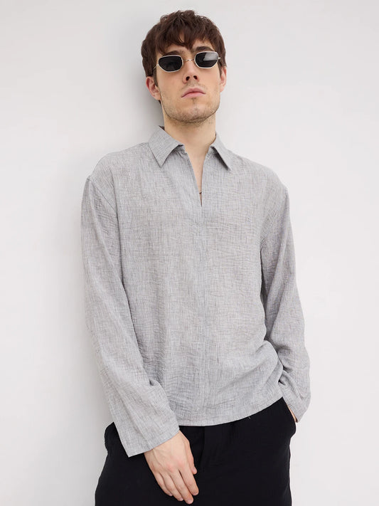 Refined Ash Grey Textured Center Seam Oversized Shirt