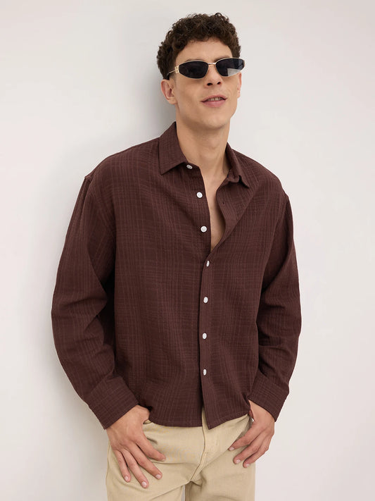 Brunette Brown Double Cloth Gauze Textured Boxy Fit Crop Shirt