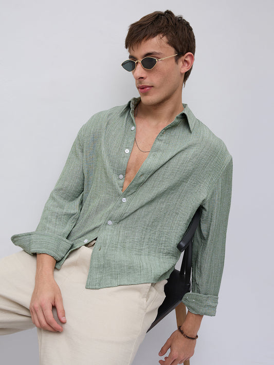 Mint Green Textured Boxy Fit Crop Shirt