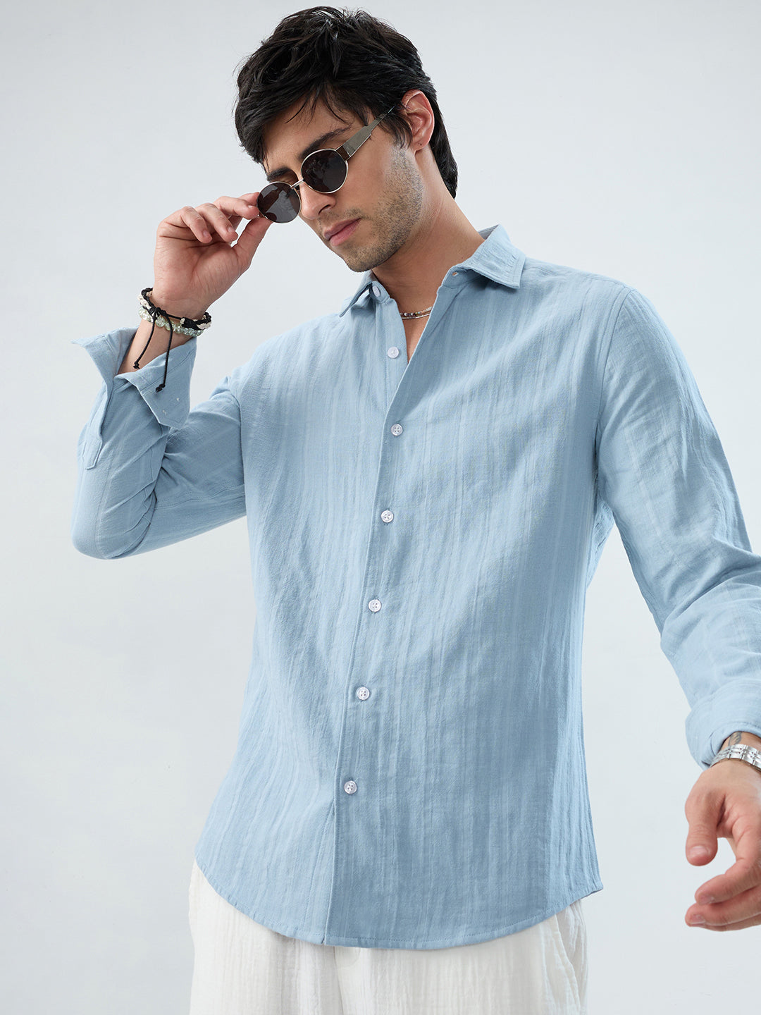 Luxe Powder Blue Double Coth Striped Shirt