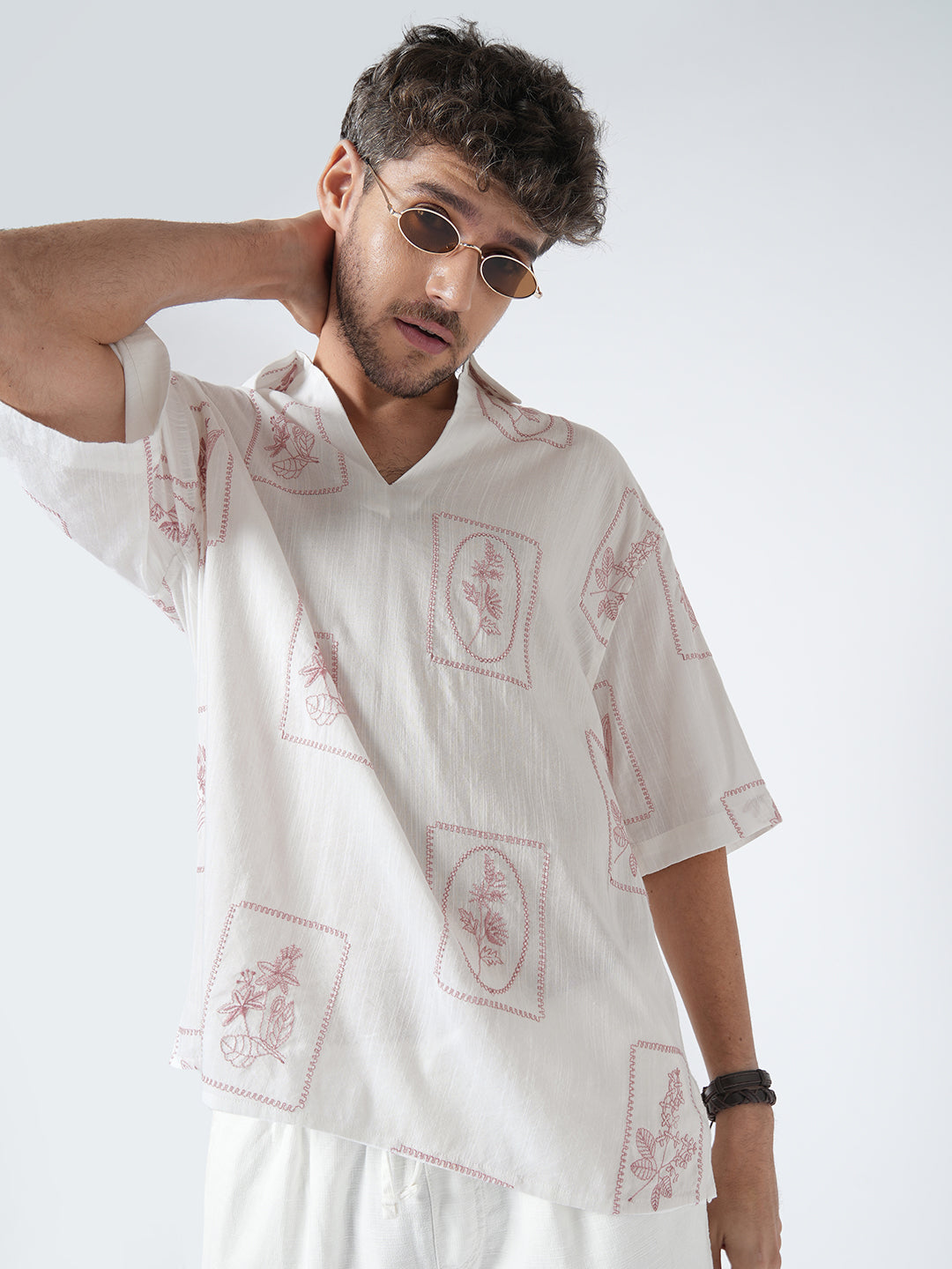 Old Rose Pink Floreal Frame Embroidery Polo Oversized Shirt