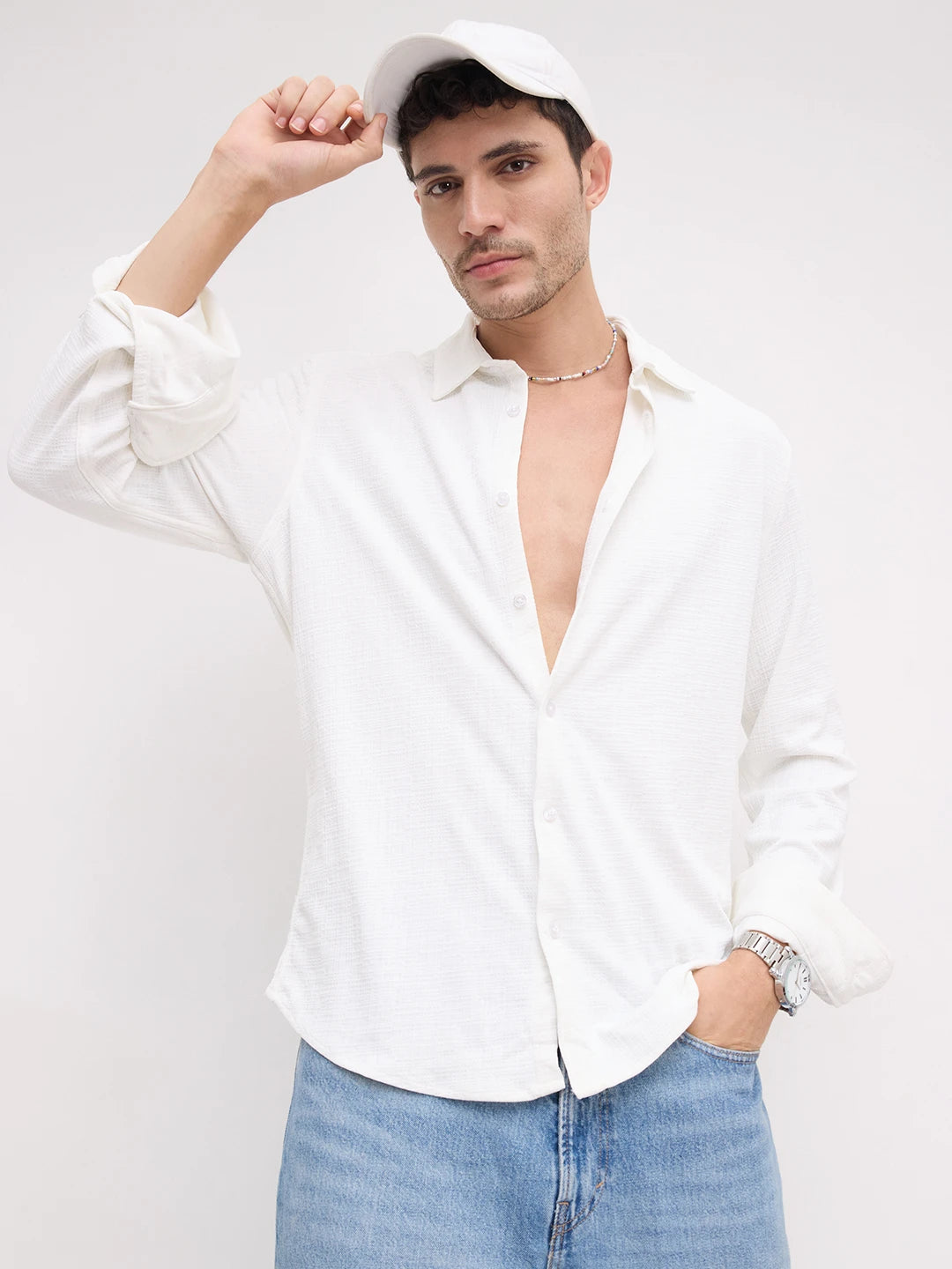 Snow White Mini Checks Textured Knitted Shirt