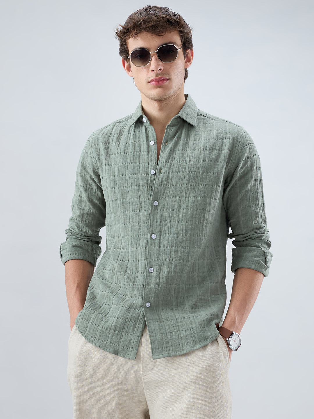Sage Green Box Weave Double Cloth Seersucker Shirt
