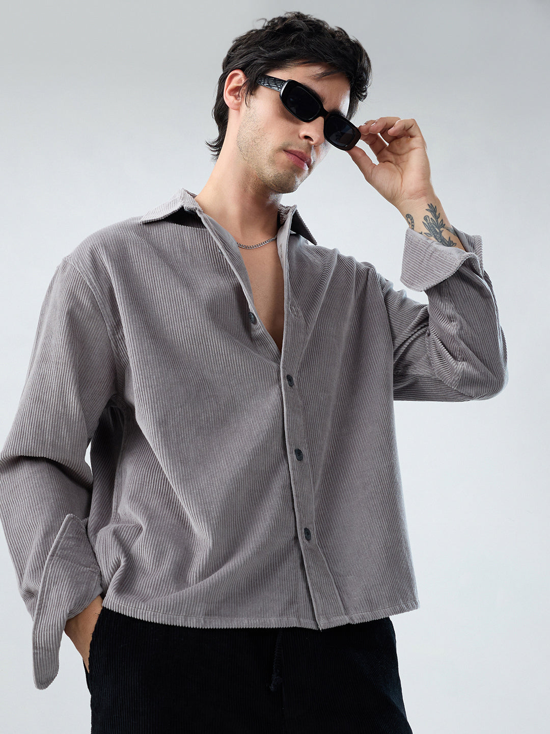 Cloud Grey Corduroy Boxy Fit Crop Shirt