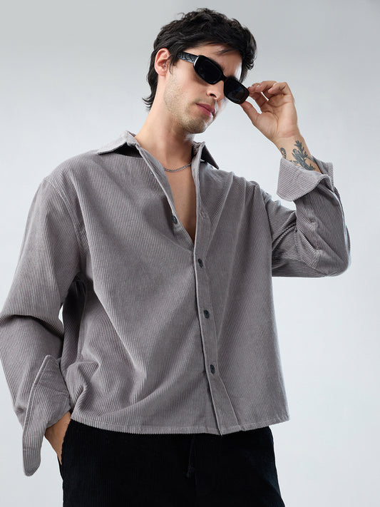 Cloud Grey Corduroy Boxy Fit Crop Shirt