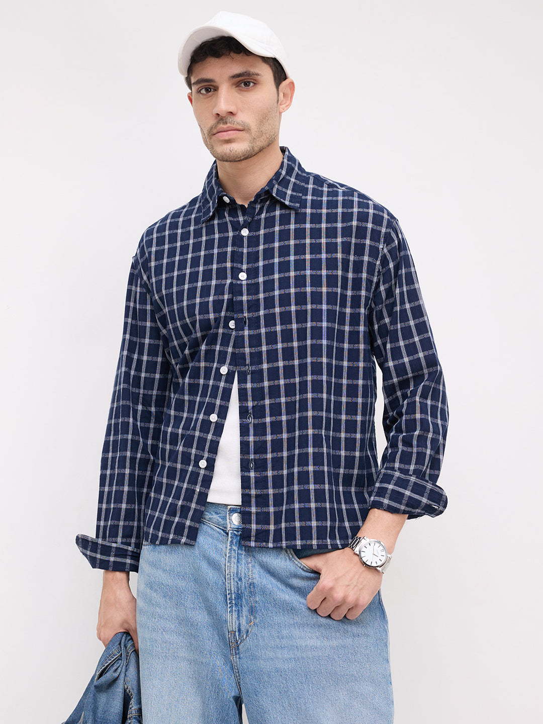 Elevated Navy Heathered Checks Boxy Fit Crop Shirt