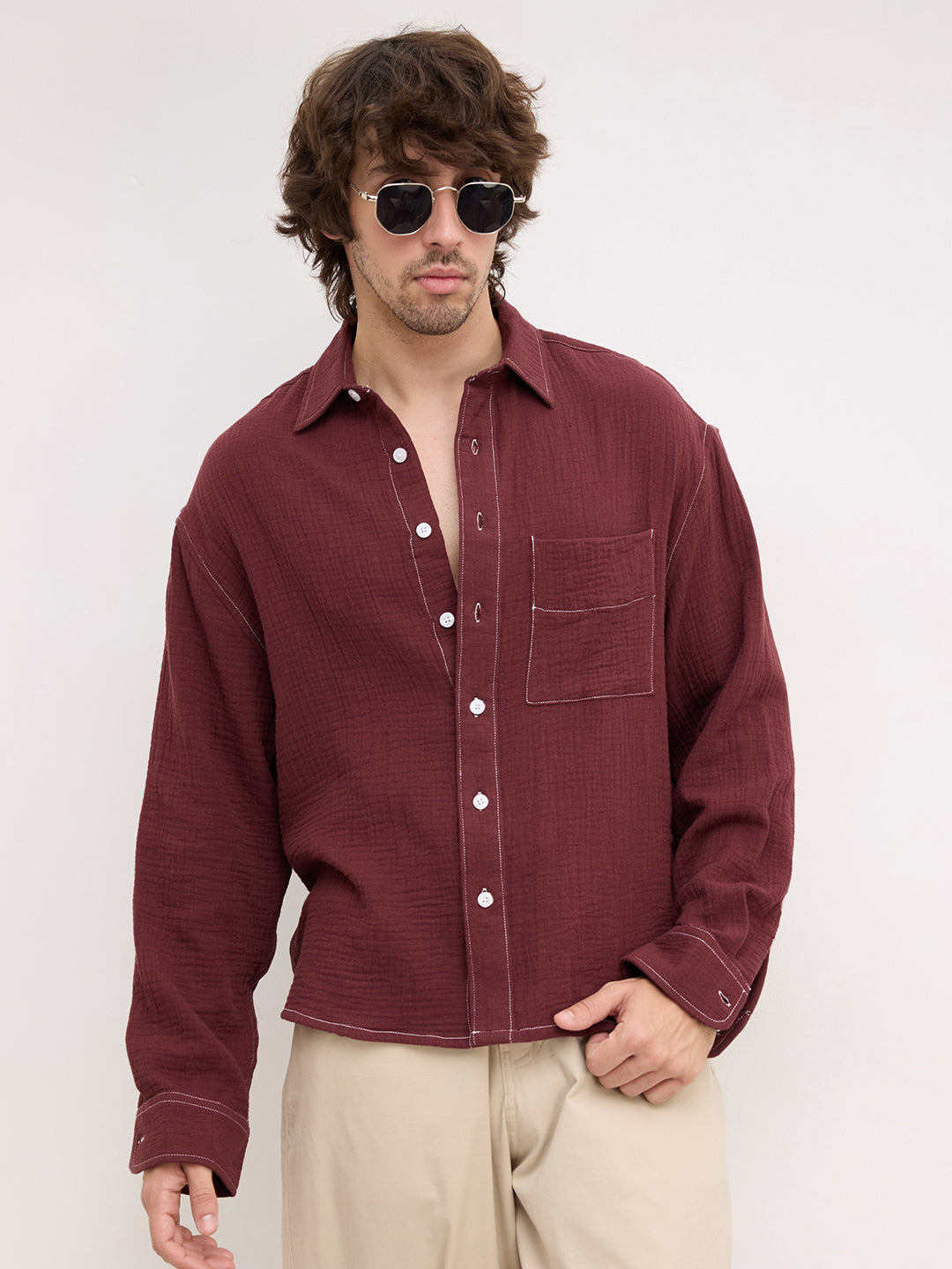Solid Maroon Double Cloth Boxy Fit Crop Shirt