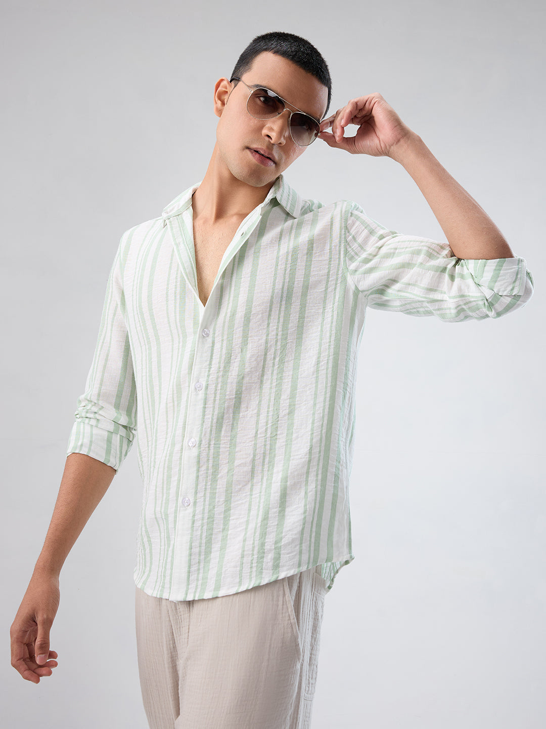 Mint Green & White Vertical Striped Shirt