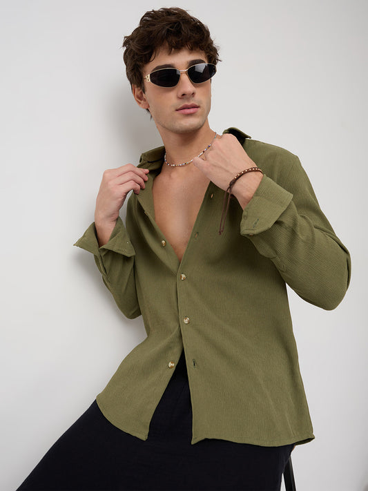 Crushed Olive Textured Crepe Shirt