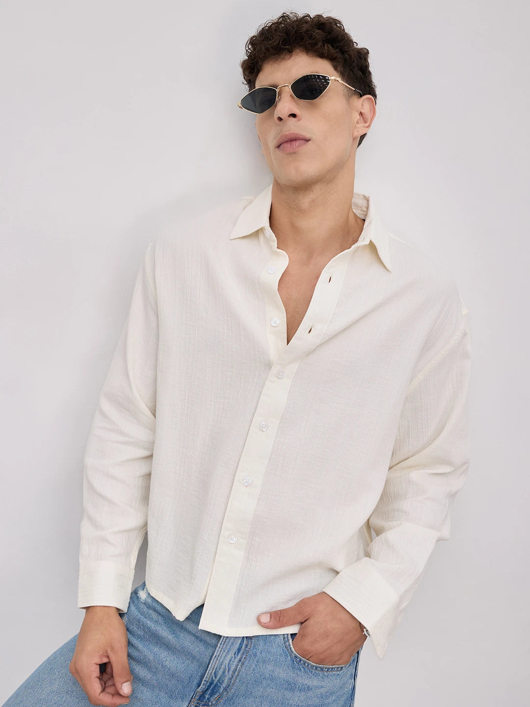 Pearl White Double Cloth Seersucker Striped Boxy Fit Crop Shirt
